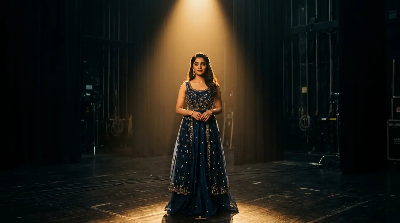 An actress standing in a golden spotlight on a dark film stage
